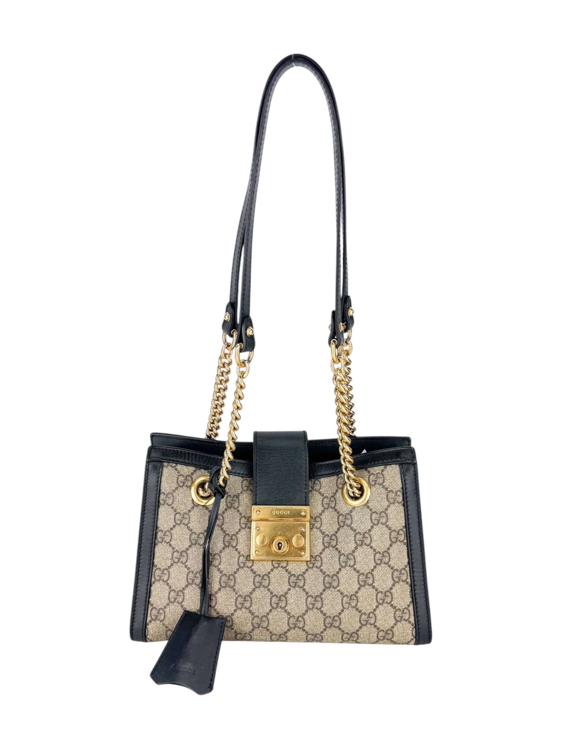 Gucci Light Beige and Black Coated Canvas GG Supreme Padlock Tote Medium