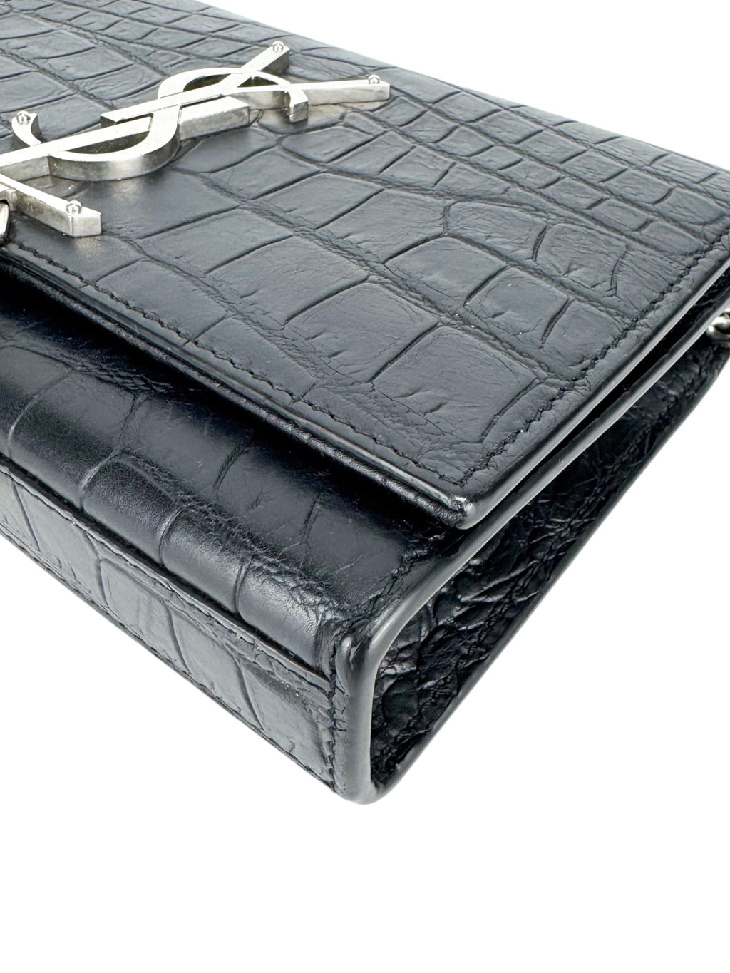 Saint Laurent Black Leather Croc Embossed Kate Tassel Bag Small