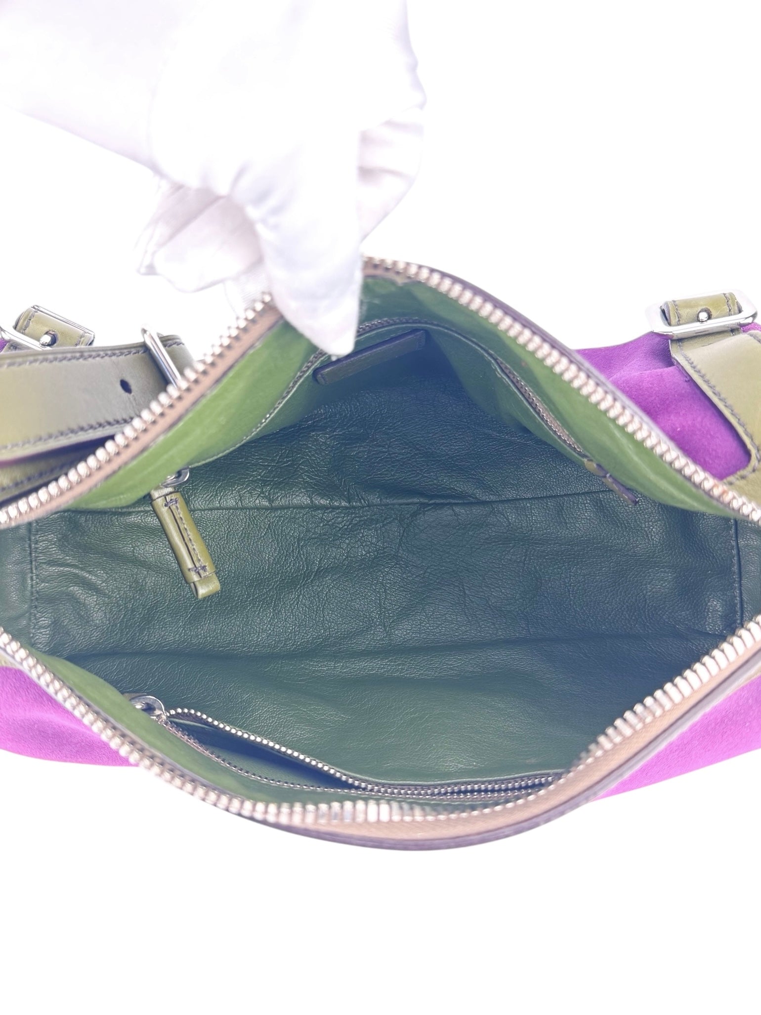 Prada Purple and Olive Green Suede and Leather Shoulder Bag
