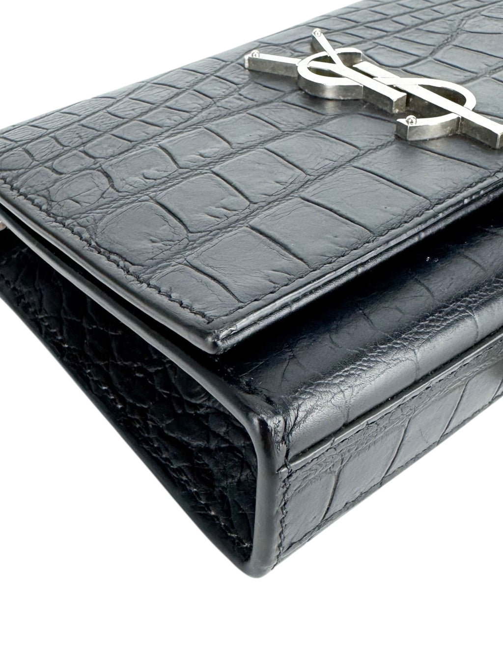 Saint Laurent Black Leather Croc Embossed Kate Tassel Bag Small