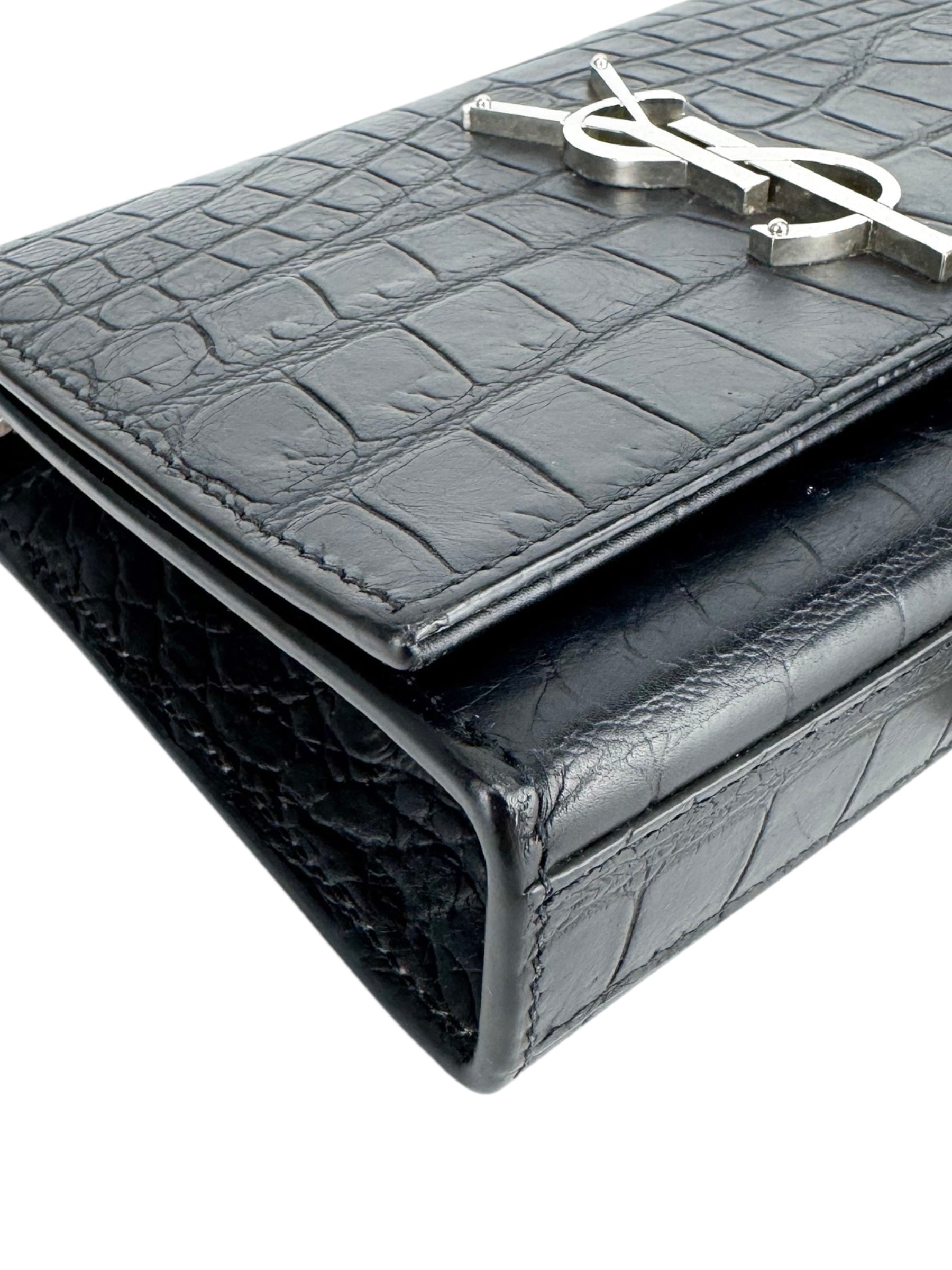 Saint Laurent Black Leather Croc Embossed Kate Tassel Bag Small