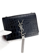Saint Laurent Black Leather Croc Embossed Kate Tassel Bag Small