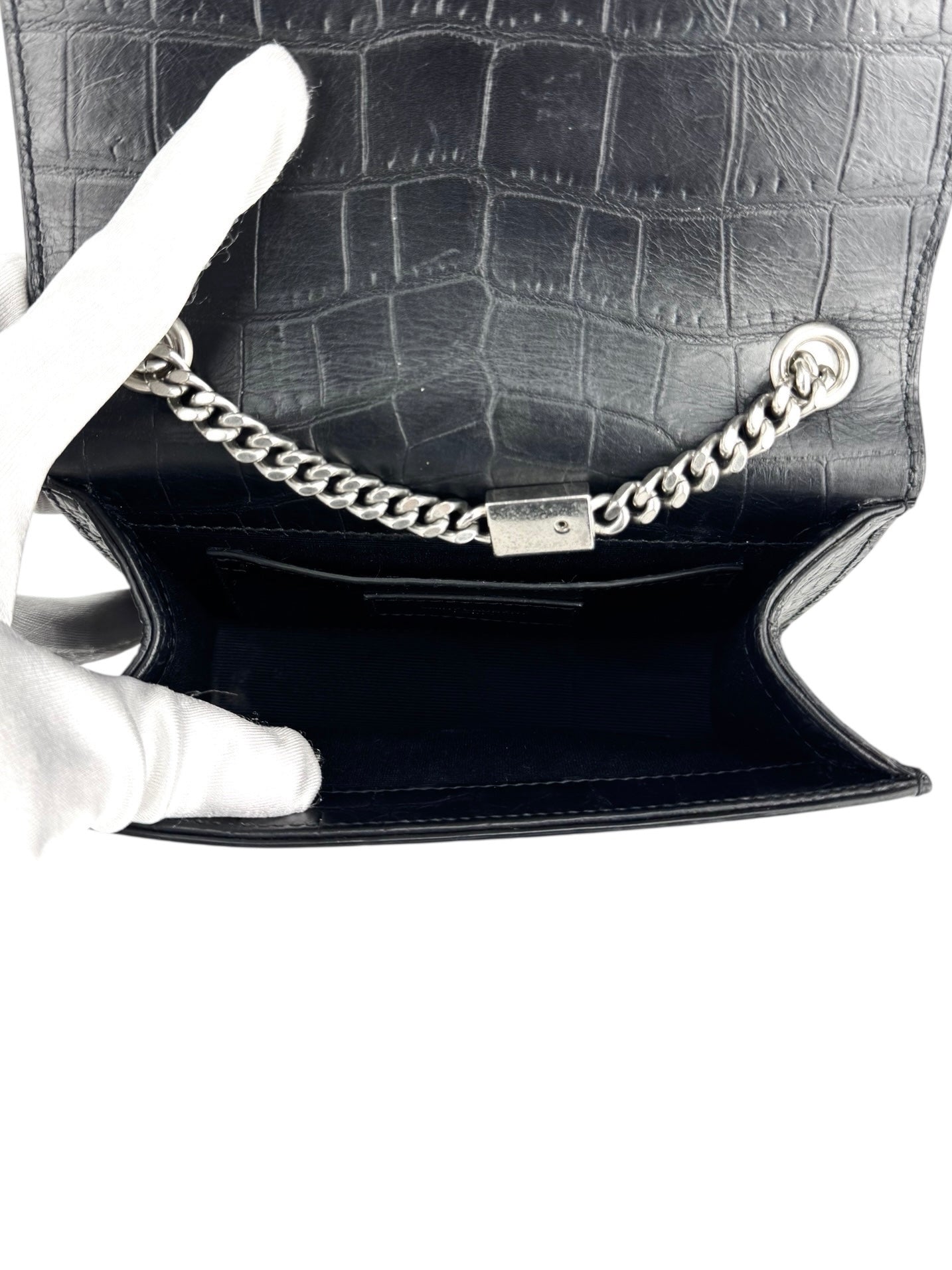 Saint Laurent Black Leather Croc Embossed Kate Tassel Bag Small