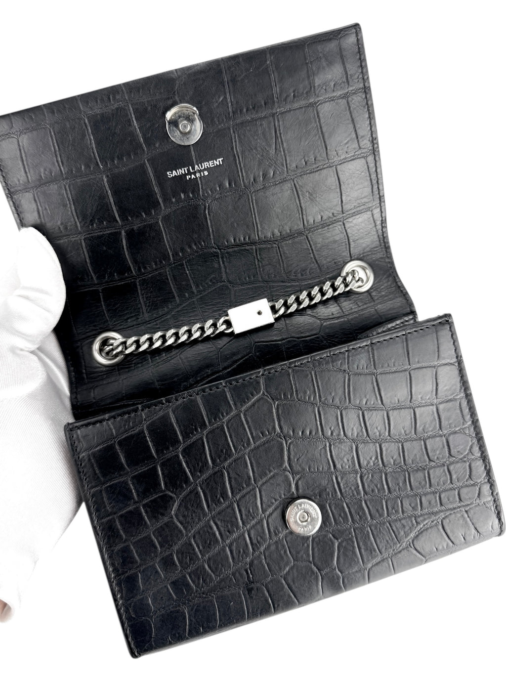 Saint Laurent Black Leather Croc Embossed Kate Tassel Bag Small