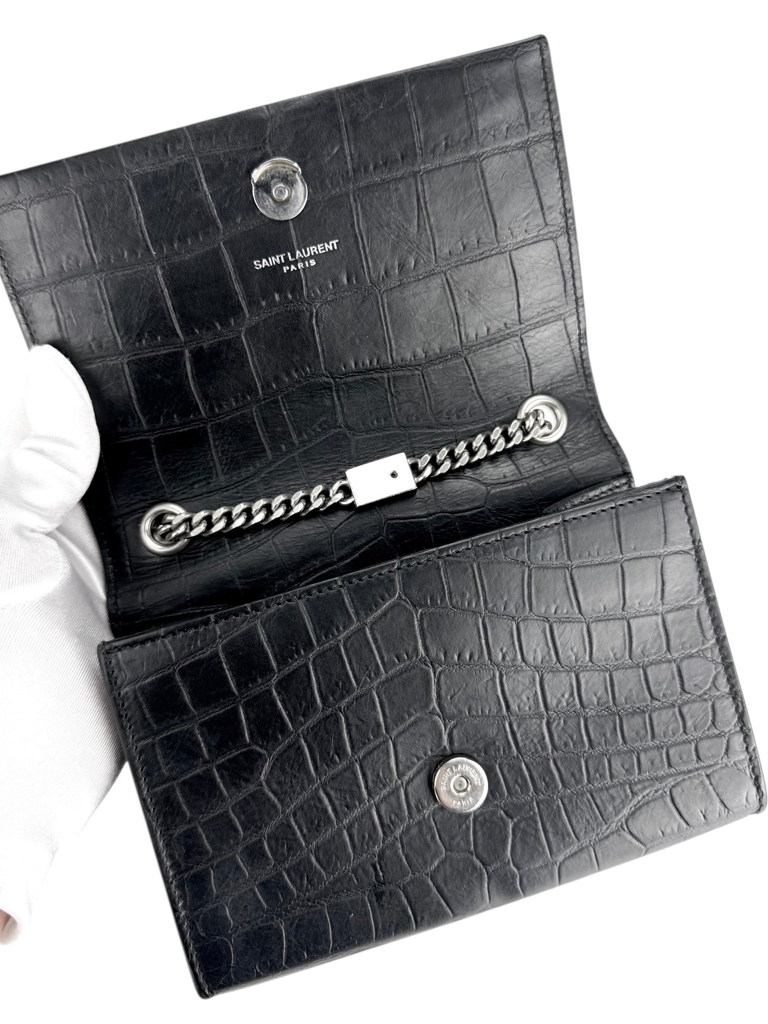 Saint Laurent Black Leather Croc Embossed Kate Tassel Bag Small