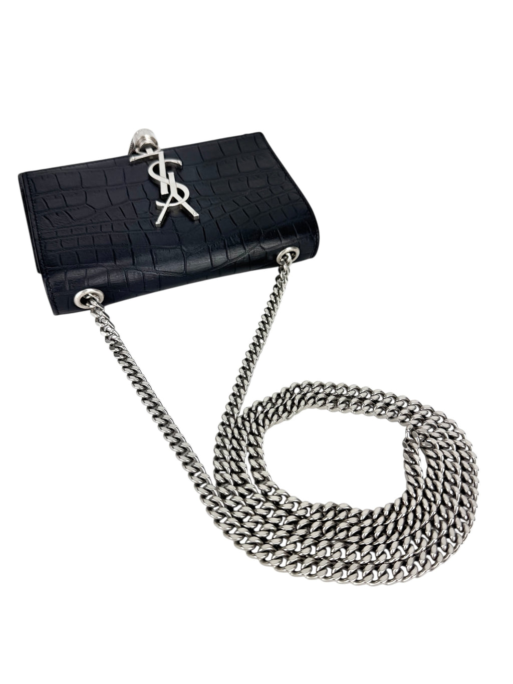 Saint Laurent Black Leather Croc Embossed Kate Tassel Bag Small