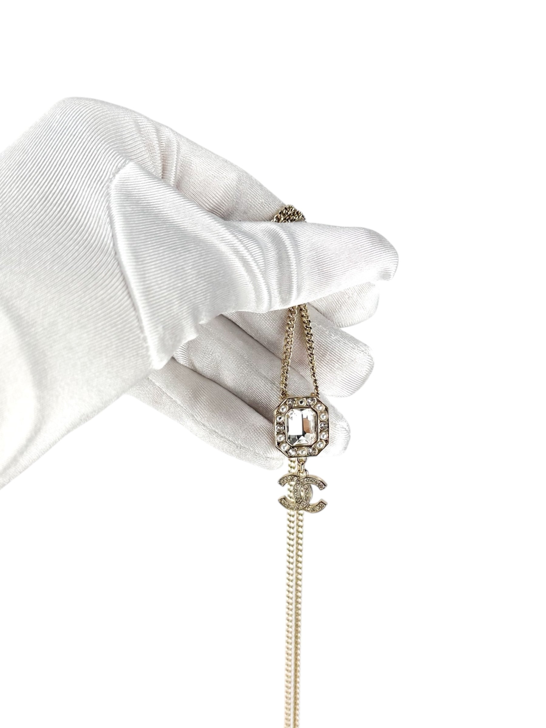 Chanel Champagne Gold Rhinestone and Pearl Coco Necklace