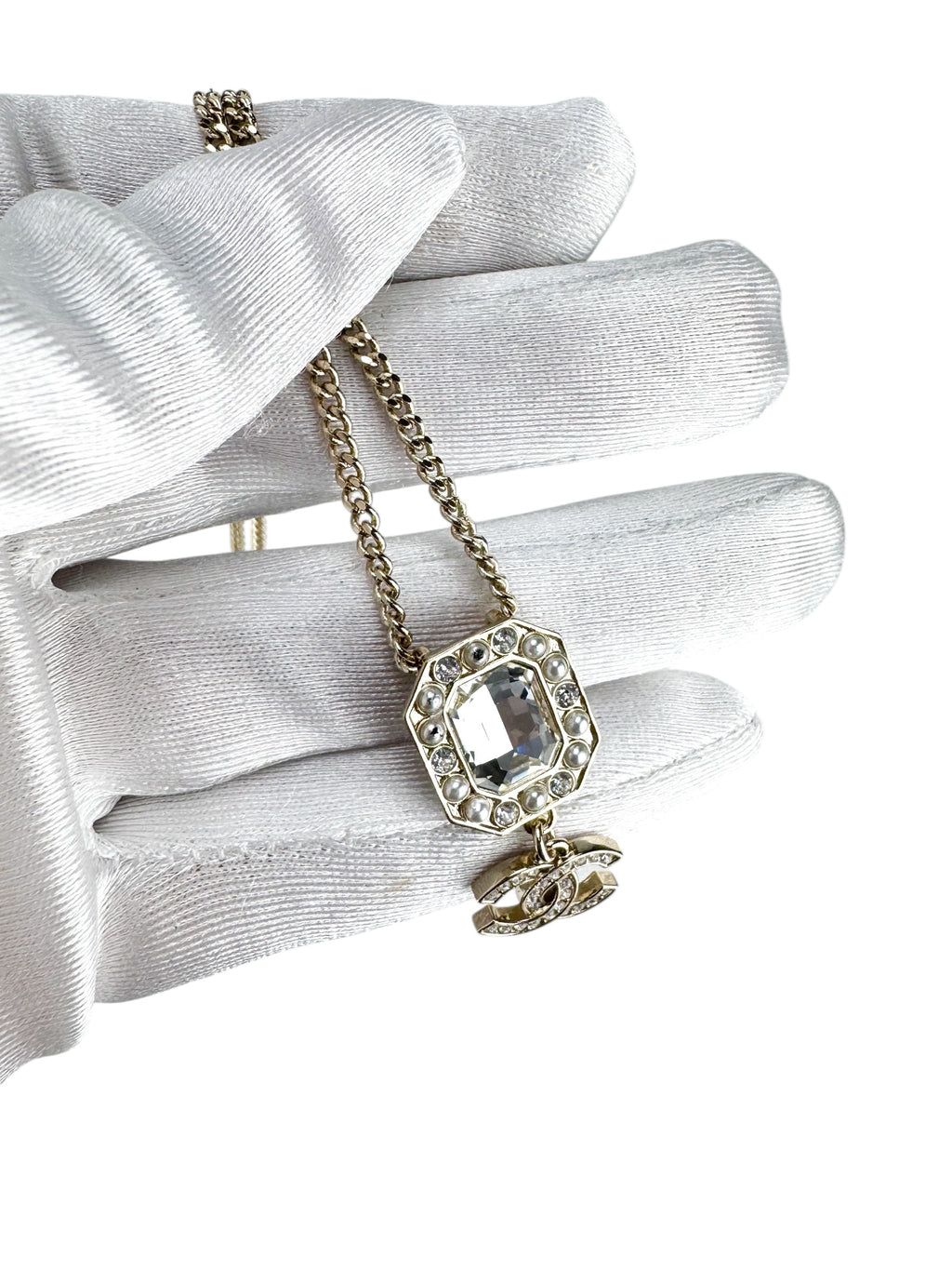 Chanel Champagne Gold Rhinestone and Pearl Coco Necklace