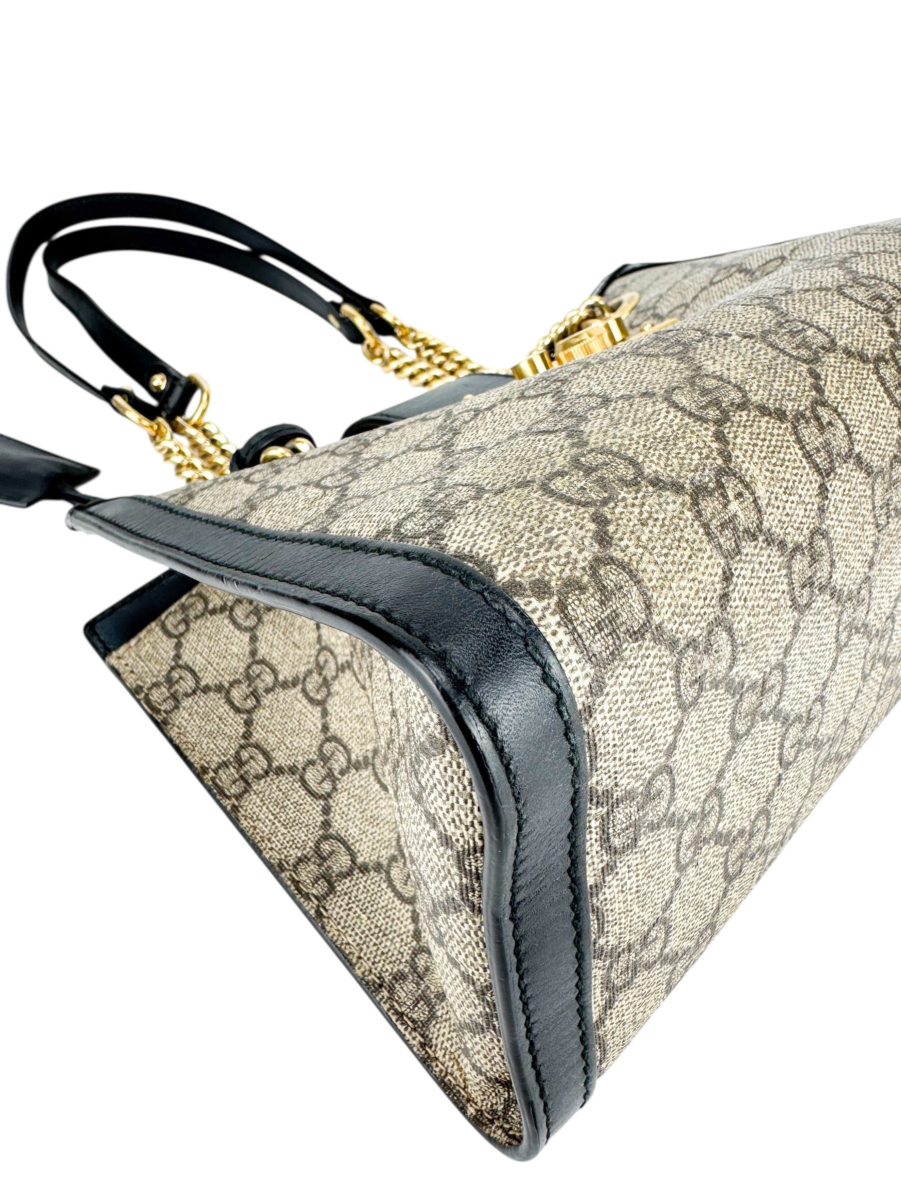 Gucci Light Beige and Black Coated Canvas GG Supreme Padlock Tote Medium