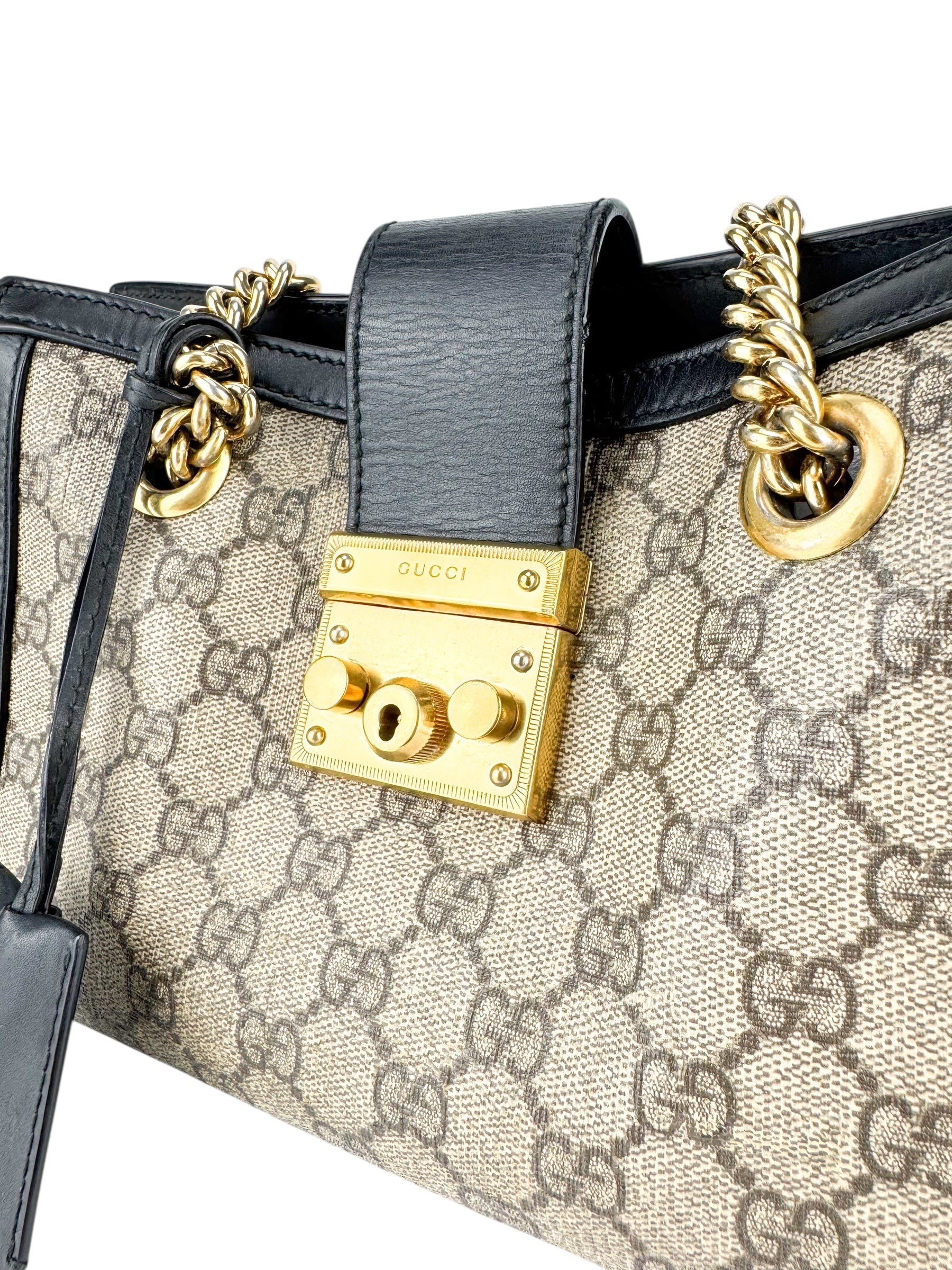 Gucci Light Beige and Black Coated Canvas GG Supreme Padlock Tote Medium