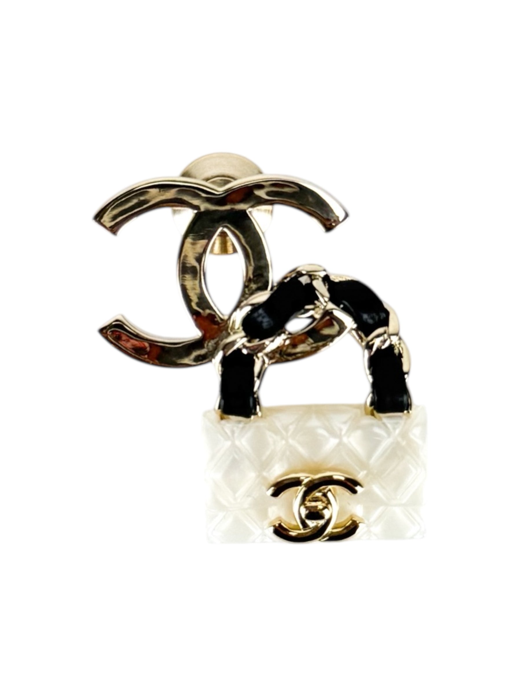 Chanel White, Black and Champagne Gold Matelasse Brooch