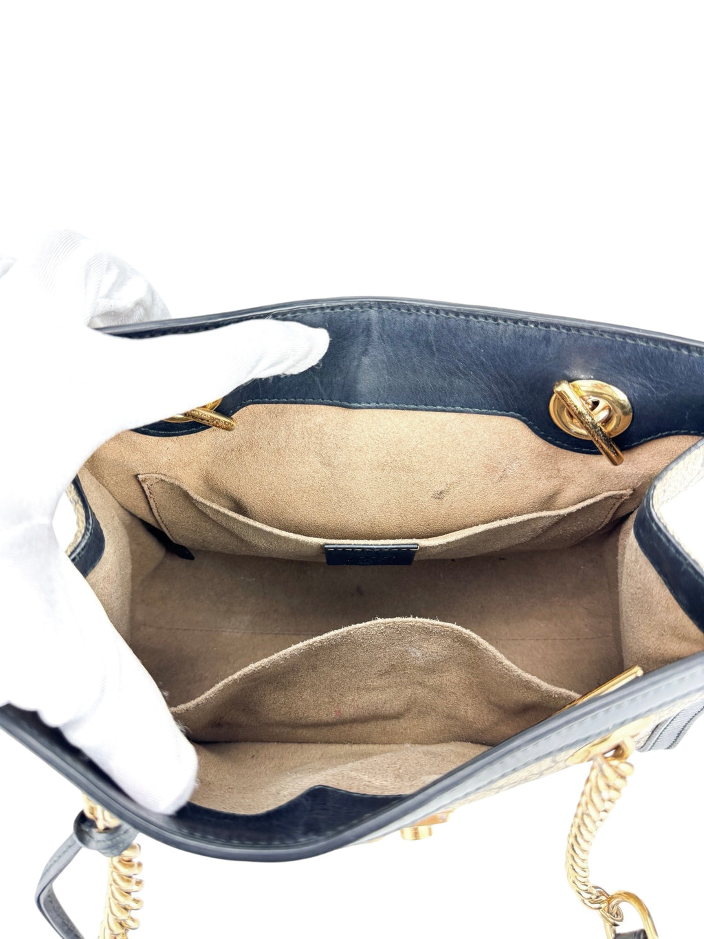 Gucci Light Beige and Black Coated Canvas GG Supreme Padlock Tote Medium