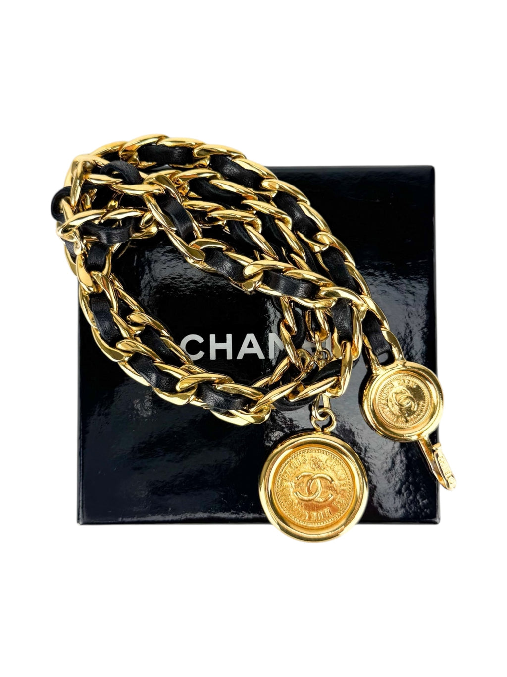 Chanel Black Leather and Gold Chainlink Medallion Belt