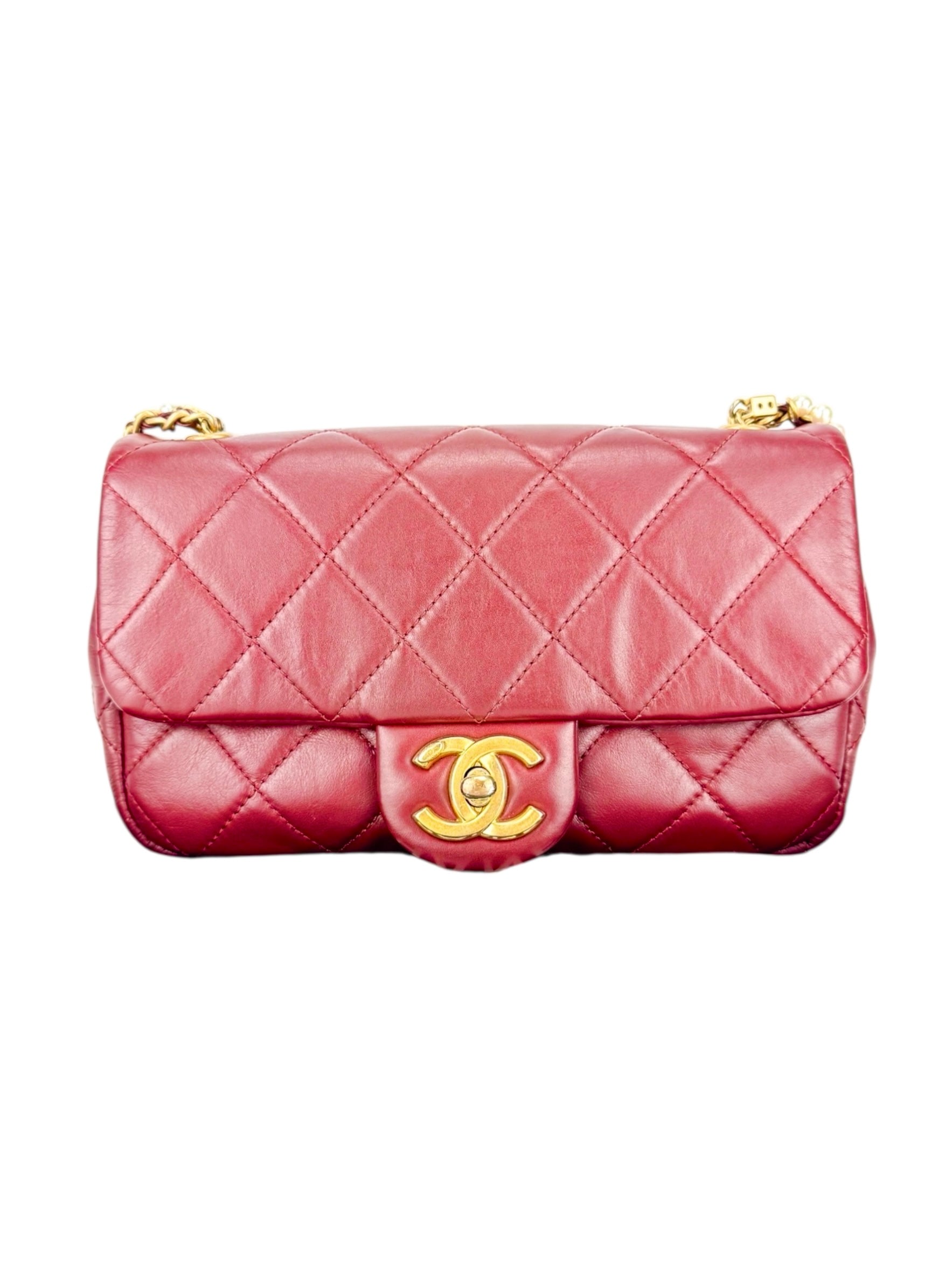 Chanel Burgundy Lambskin Pearl Single Flap Bag Mini