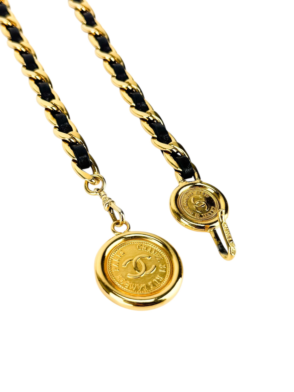 Chanel Black Leather and Gold Chainlink Medallion Belt