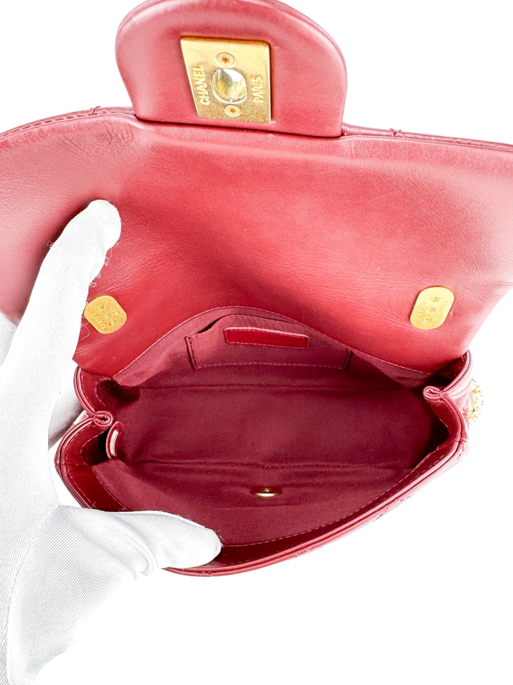 Chanel Burgundy Lambskin Pearl Single Flap Bag Mini