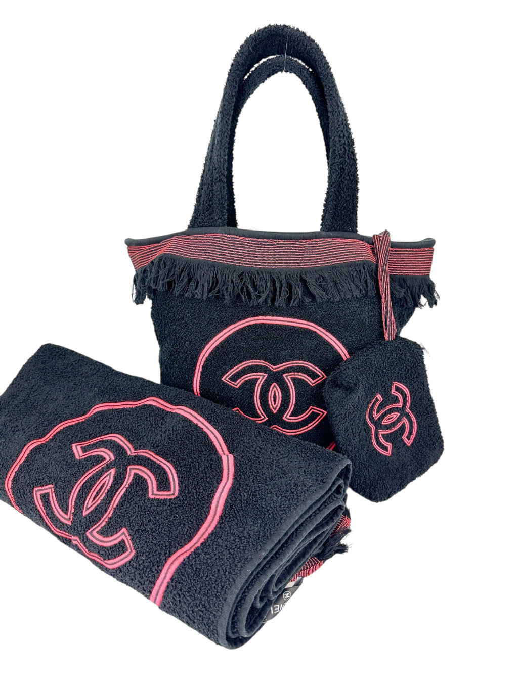 Chanel Black and Pink Terry Cloth Bag, Pouch and Towel 3-piece Set