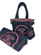 Chanel Black and Pink Terry Cloth Bag, Pouch and Towel 3-piece Set