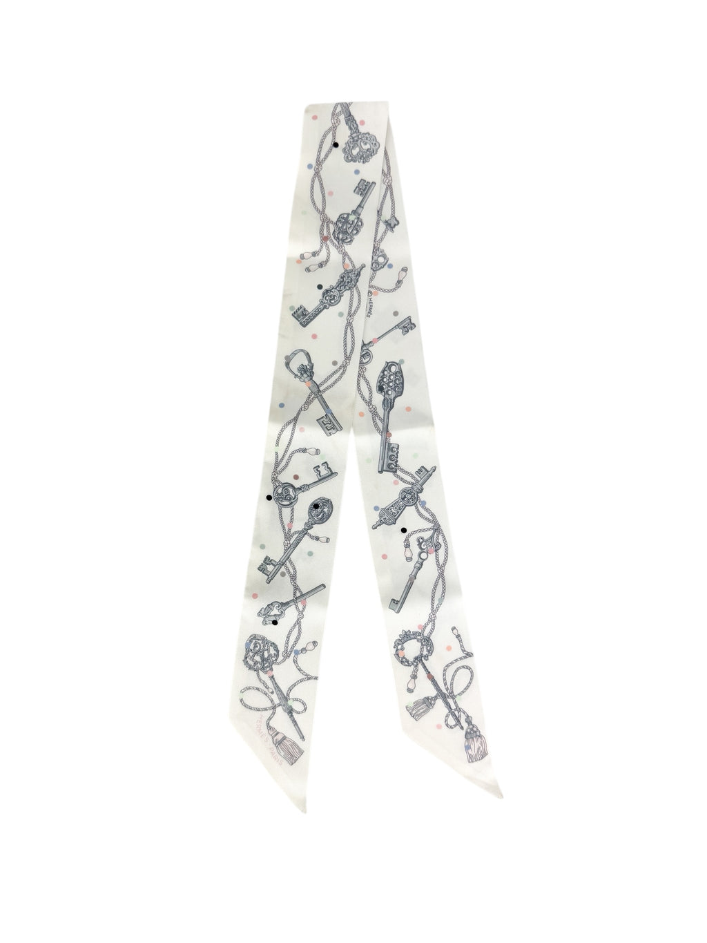 Hermes White Les Cles a Pois Silk Twilly