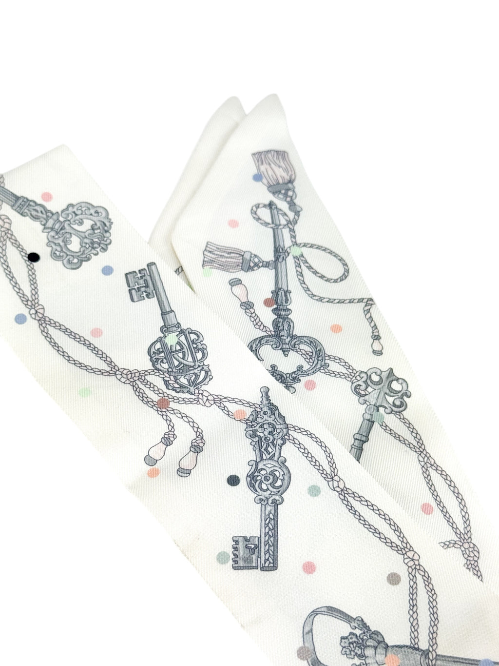 Hermes White Les Cles a Pois Silk Twilly