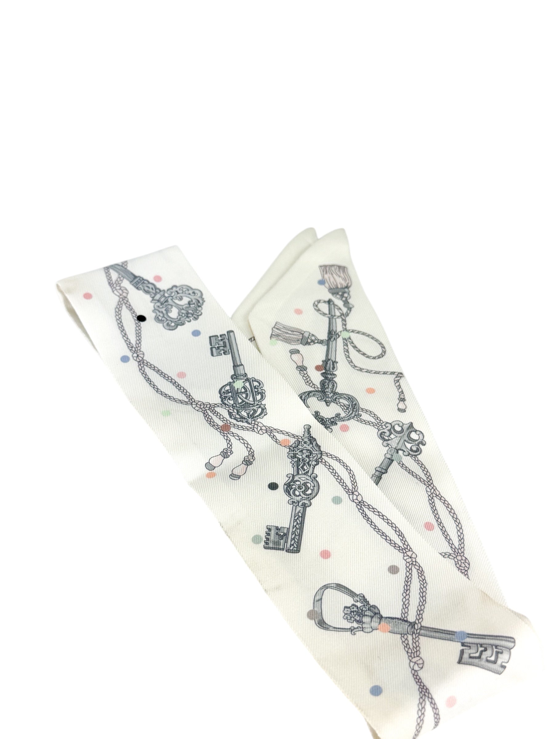 Hermes White Les Cles a Pois Silk Twilly
