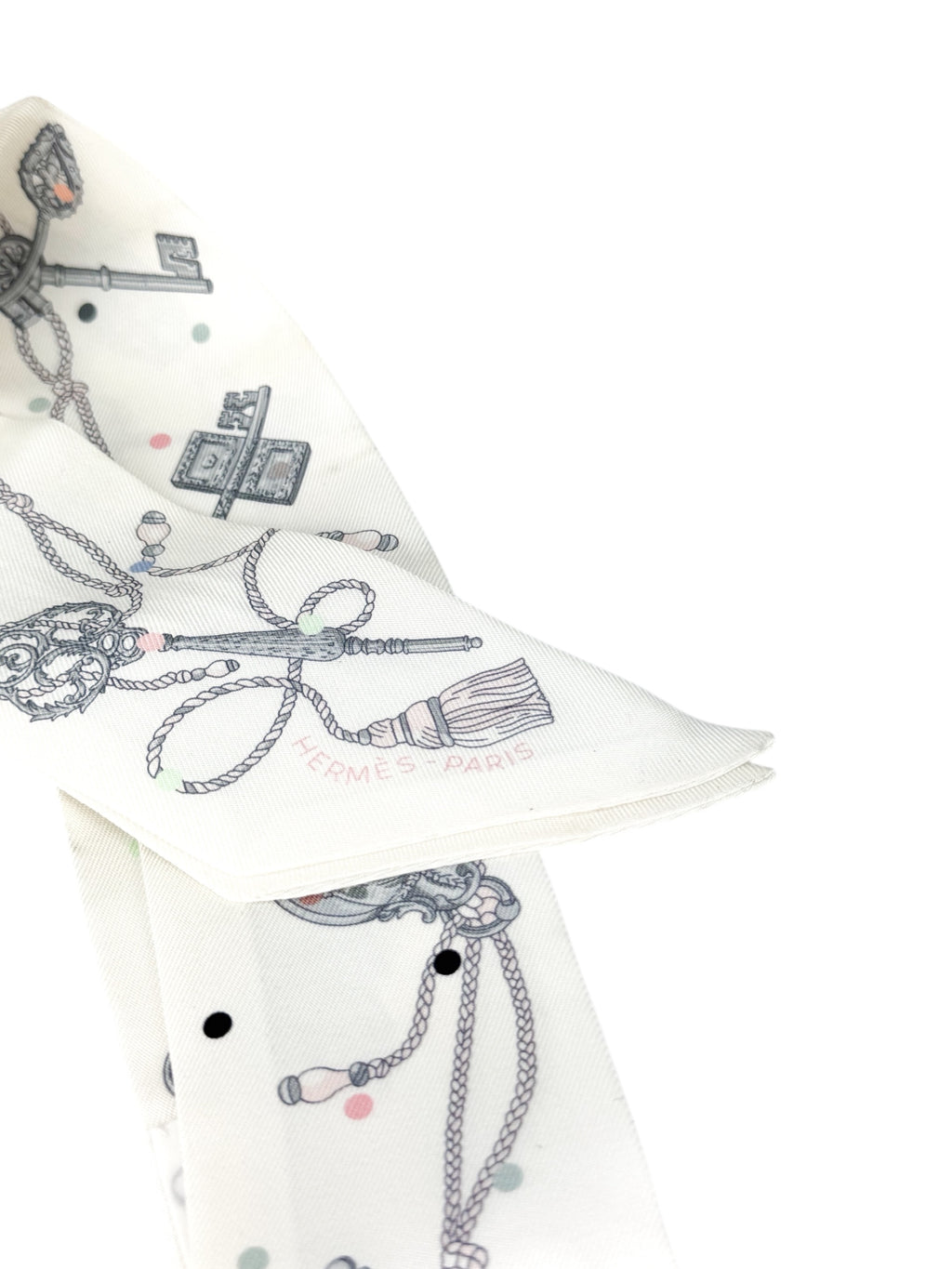 Hermes White Les Cles a Pois Silk Twilly