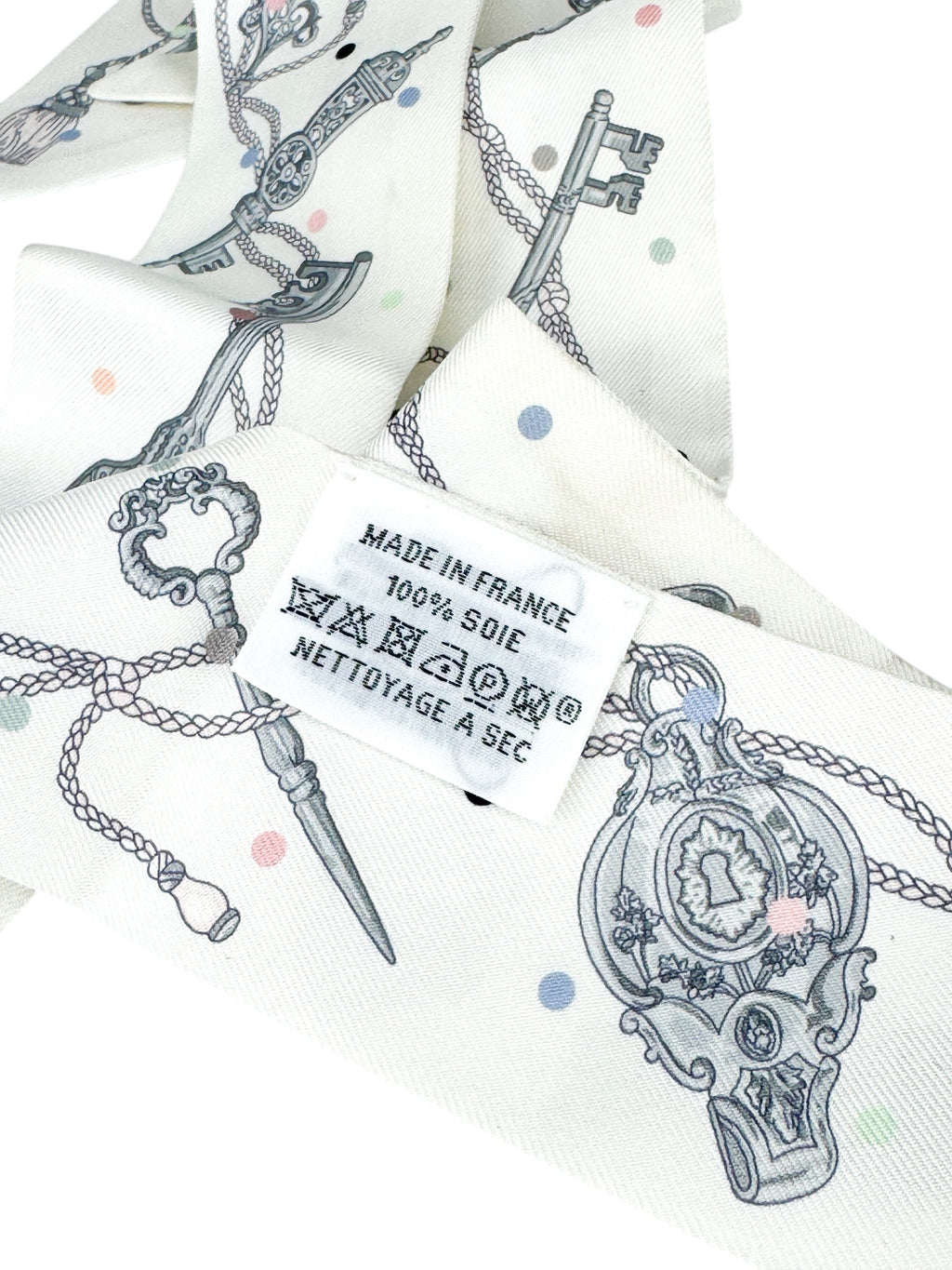 Hermes White Les Cles a Pois Silk Twilly