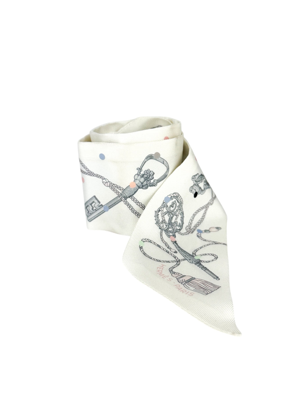Hermes White Les Cles a Pois Silk Twilly
