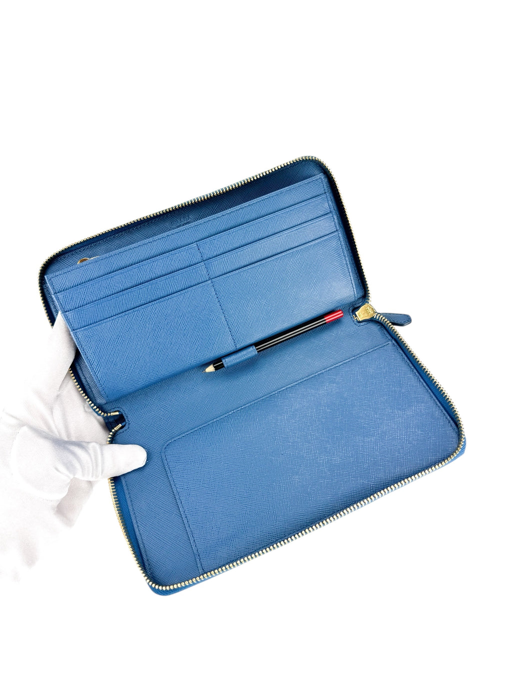 Prada Blue Saffiano Leather Zippy Wallet Organizer