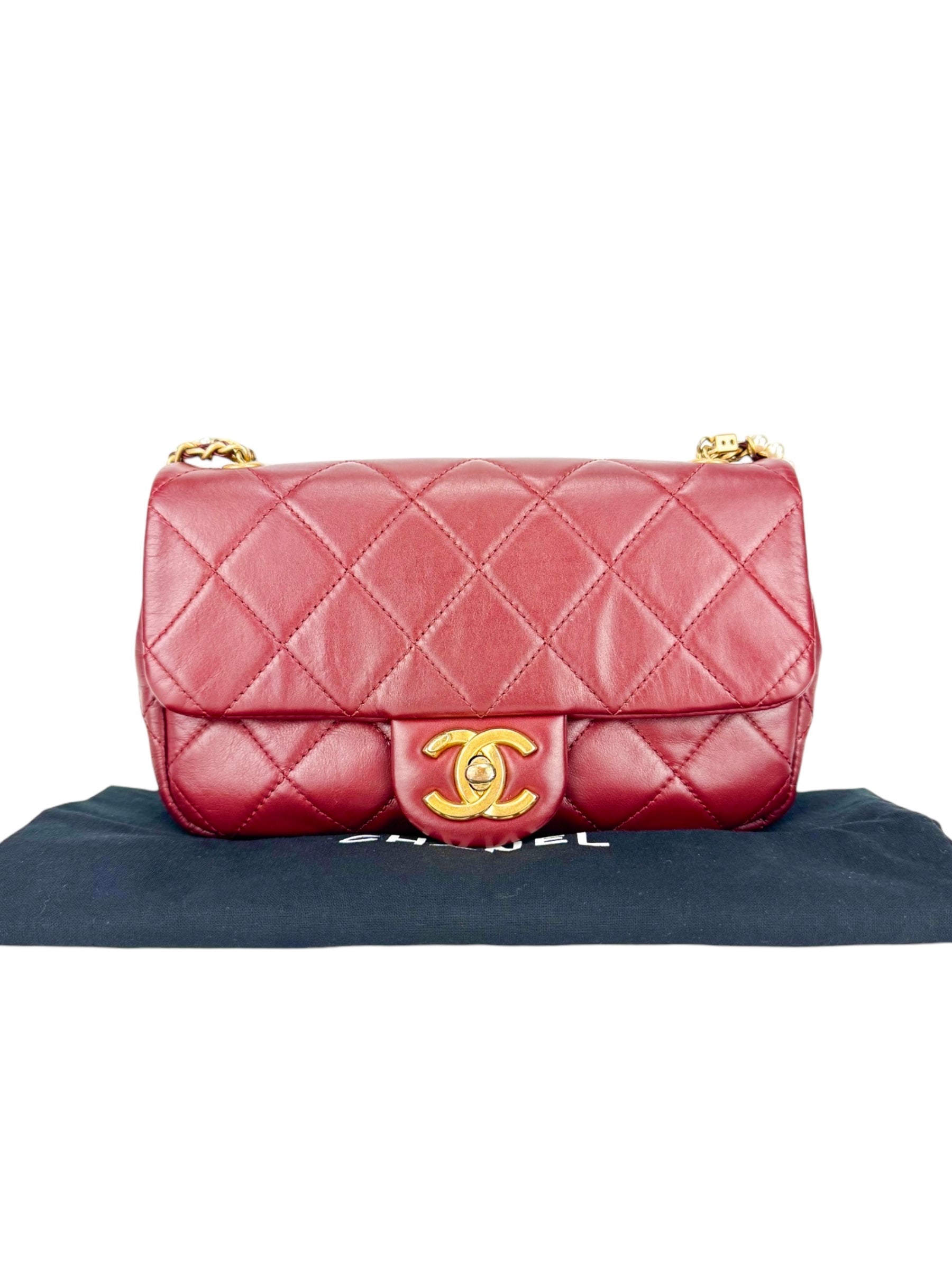 Chanel Burgundy Lambskin Pearl Single Flap Bag Mini
