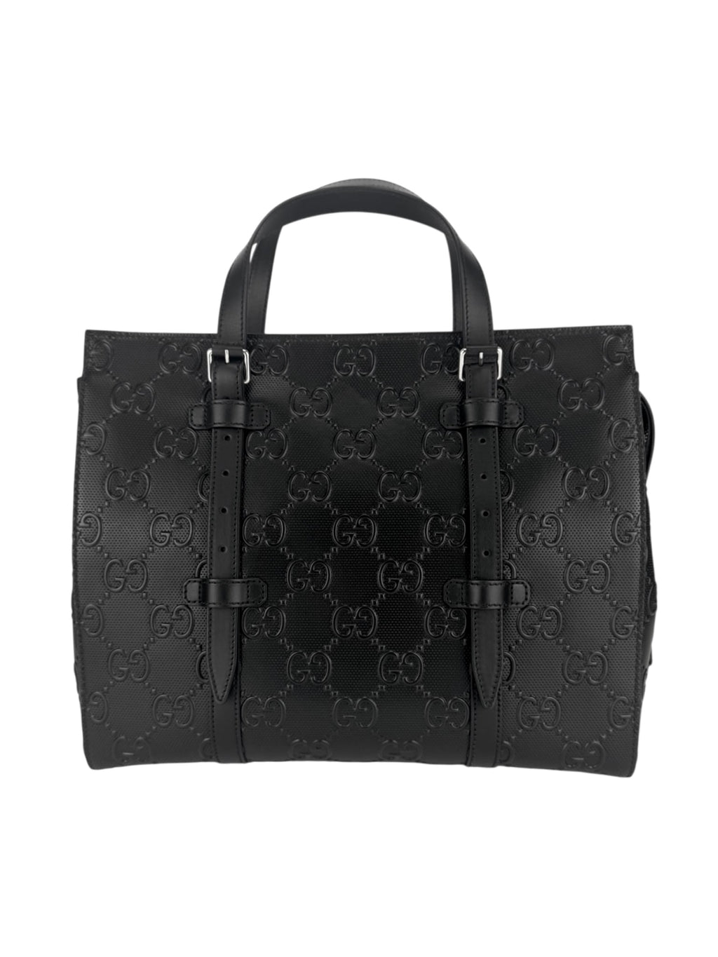 Gucci Black Leather Embossed GG Tote Bag
