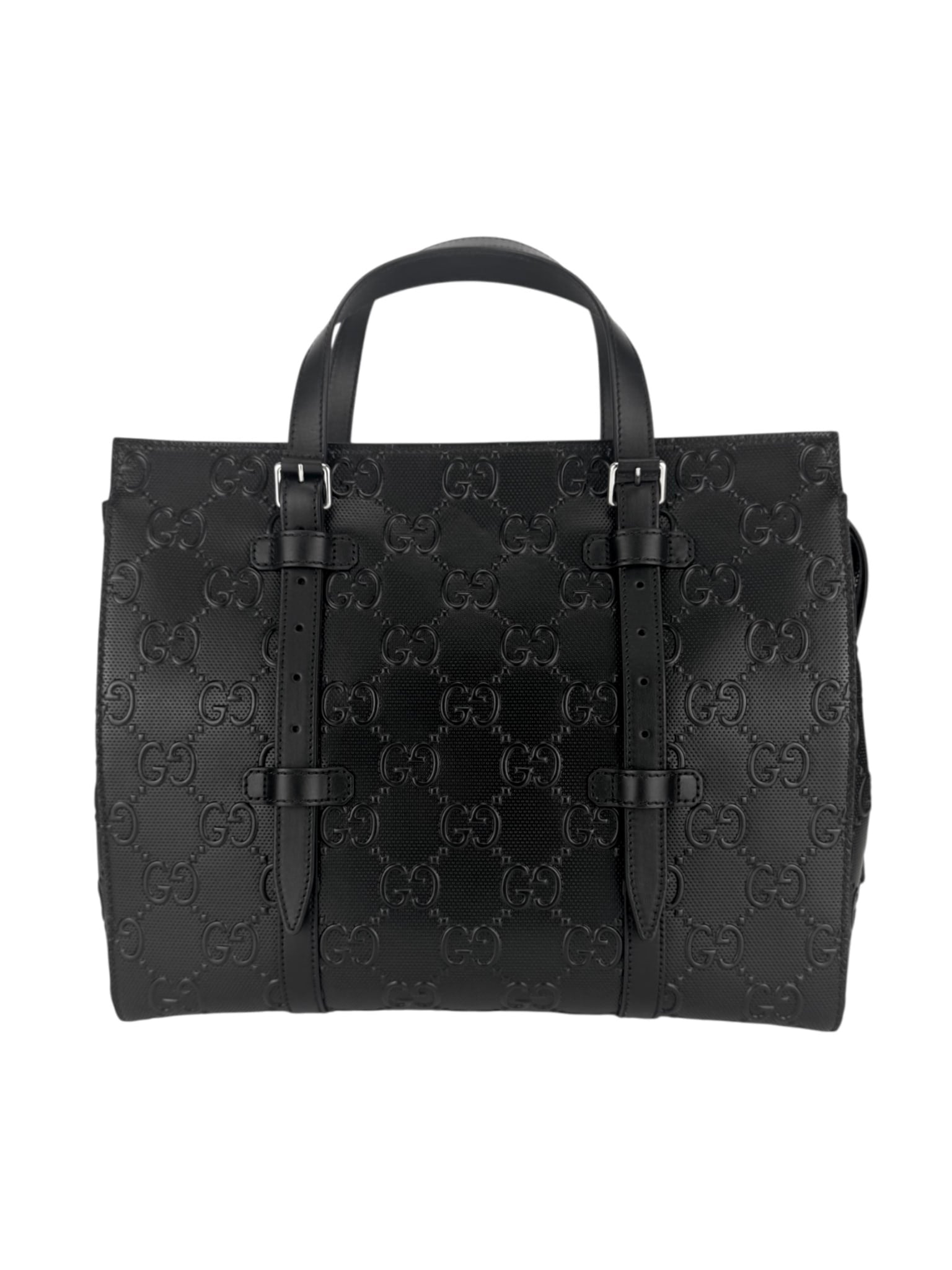 Gucci Black Leather Embossed GG Tote Bag
