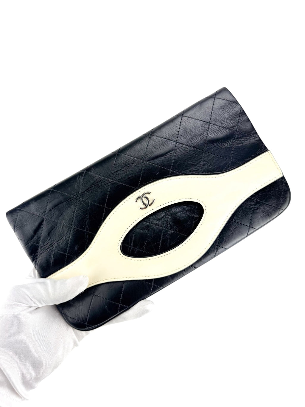 Chanel Black and Cream Calf Leather Matelasse Clutch Bag