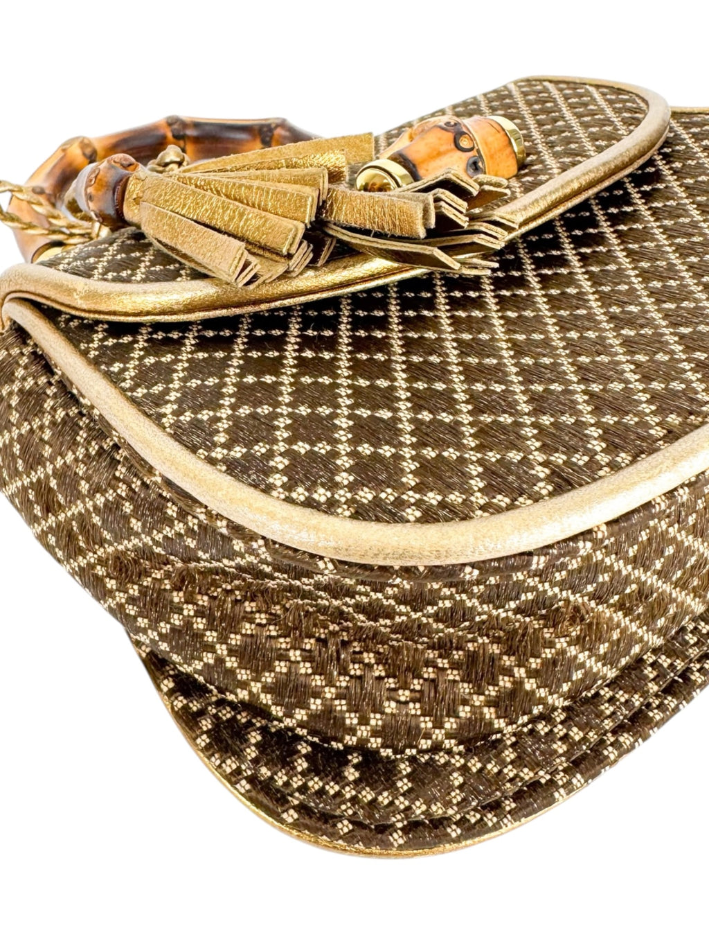 Gucci Brown Woven Canvas Diamante 1947 Bamboo Handle Bag Mini