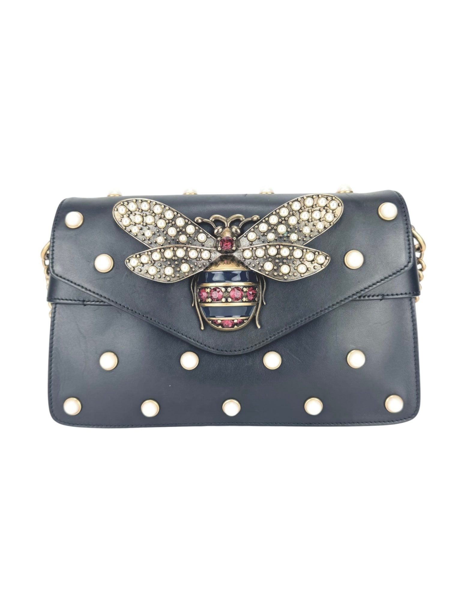 Gucci Black Leather Queen Margaret Bee Shoulder Bag