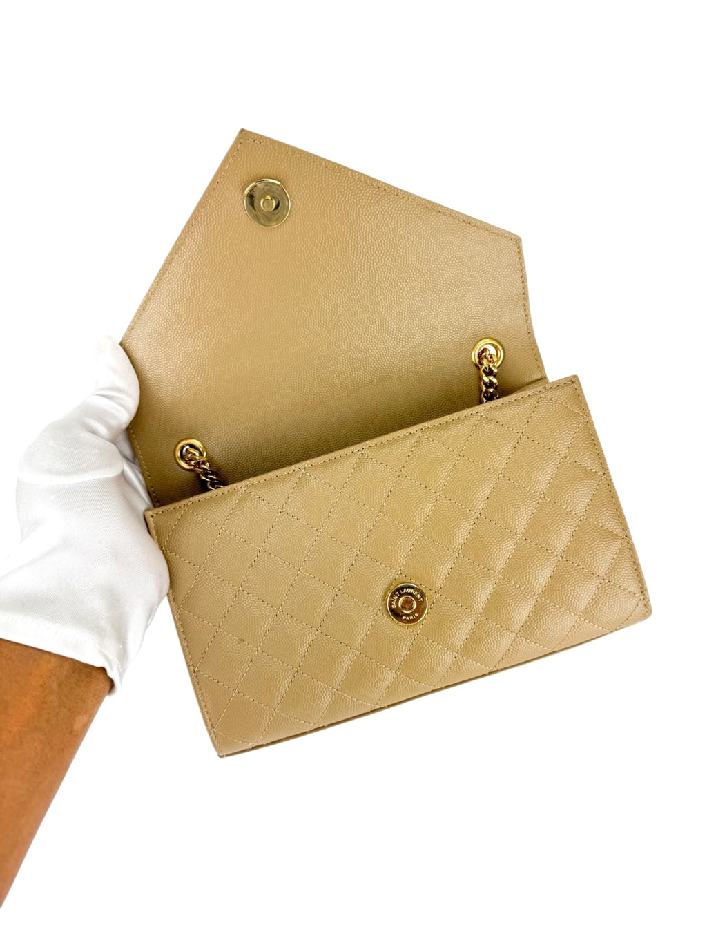 Saint Laurent Beige Taupe Grained Leather Envelop Chain Wallet Small