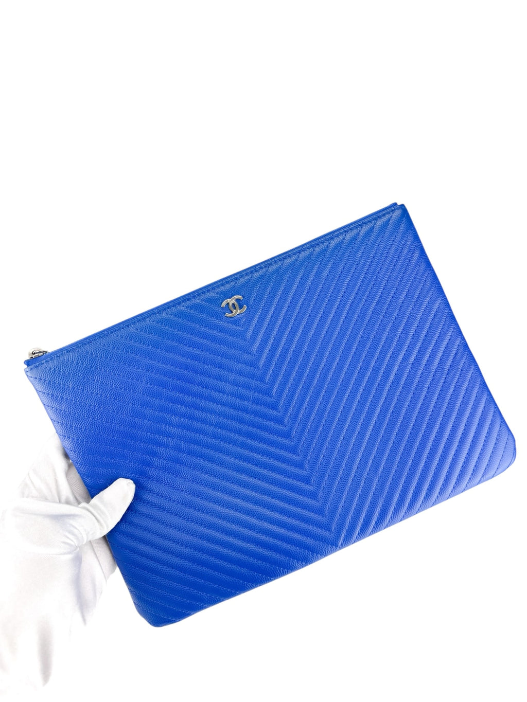 Chanel Blue Calfskin V Stitch Clutch Bag