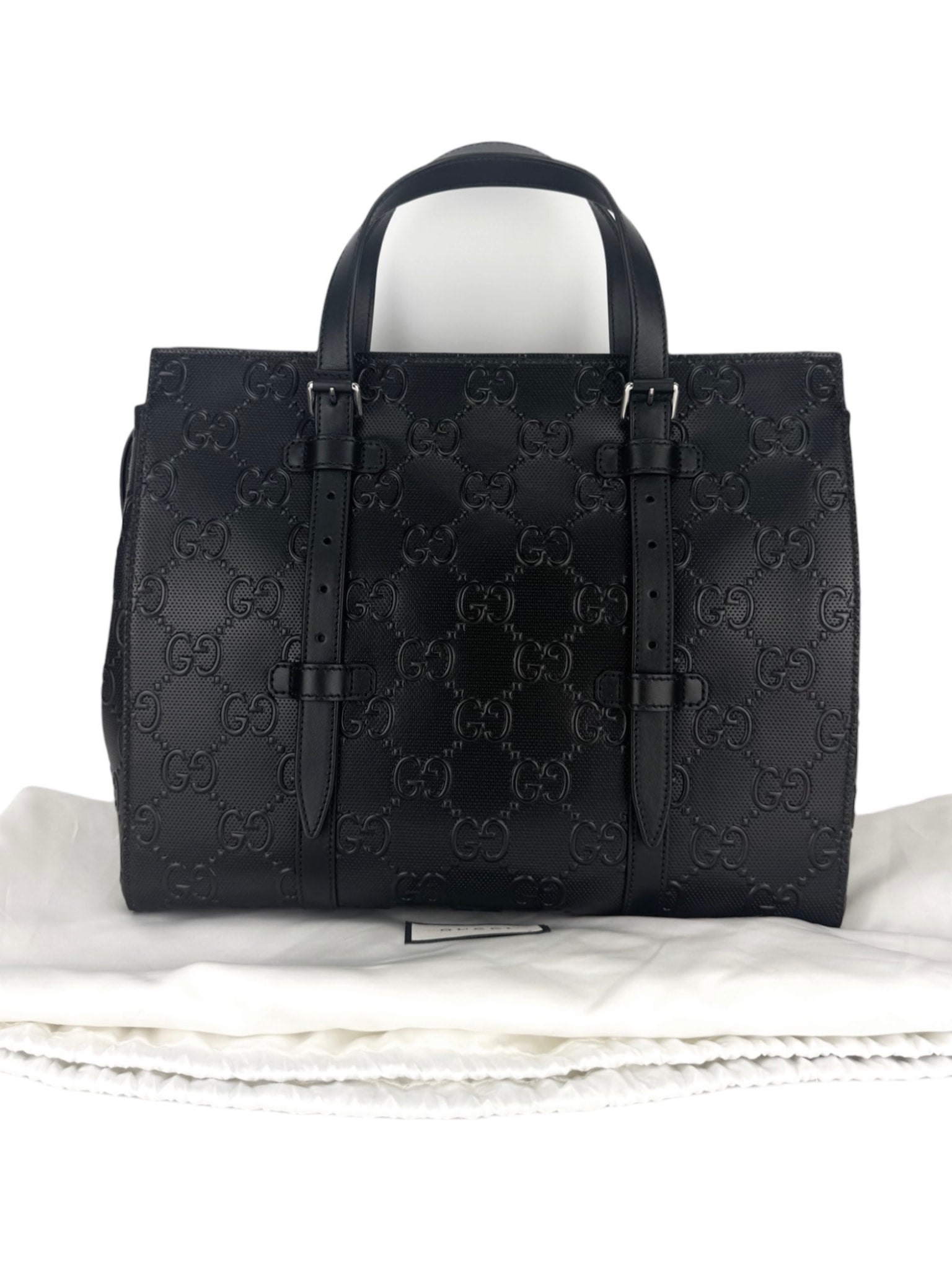 Gucci Black Leather Embossed GG Tote Bag