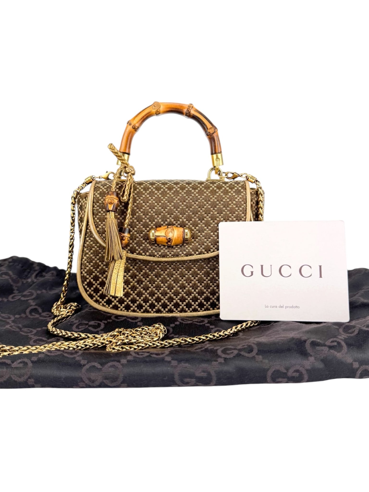 Gucci Brown Woven Canvas Diamante 1947 Bamboo Handle Bag Mini