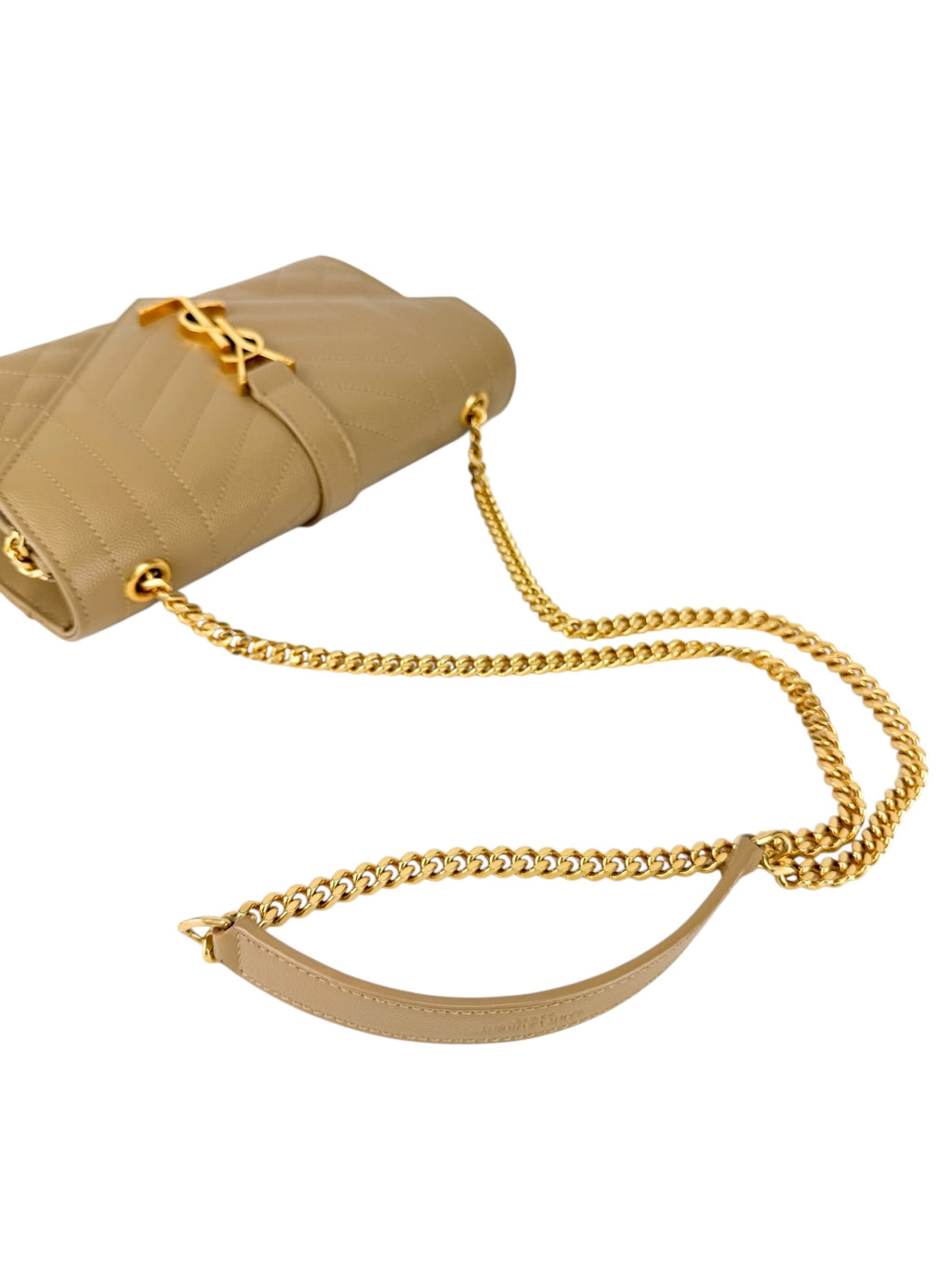 Saint Laurent Beige Taupe Grained Leather Envelop Chain Wallet Small