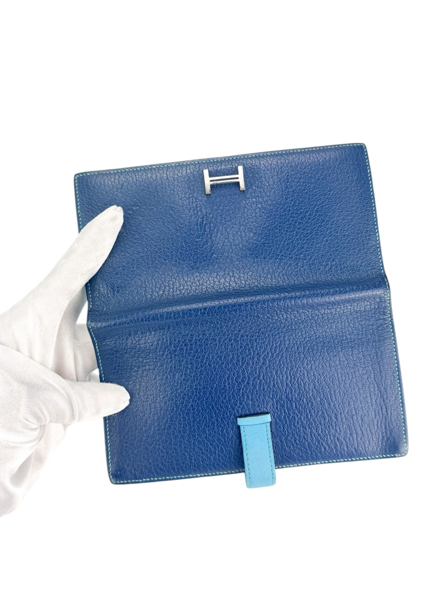 Hermes Navy and Aqua Blue Leather Bearn Wallet