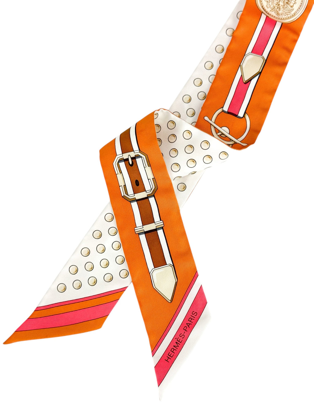 Hermes Orange, Cream, Pink and Brown Silk Twilly