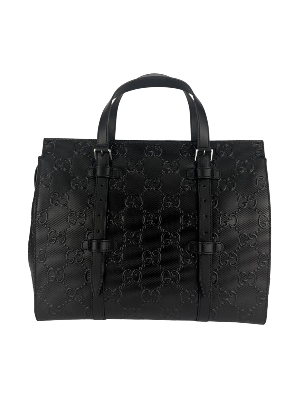 Gucci Black Leather Embossed GG Tote Bag