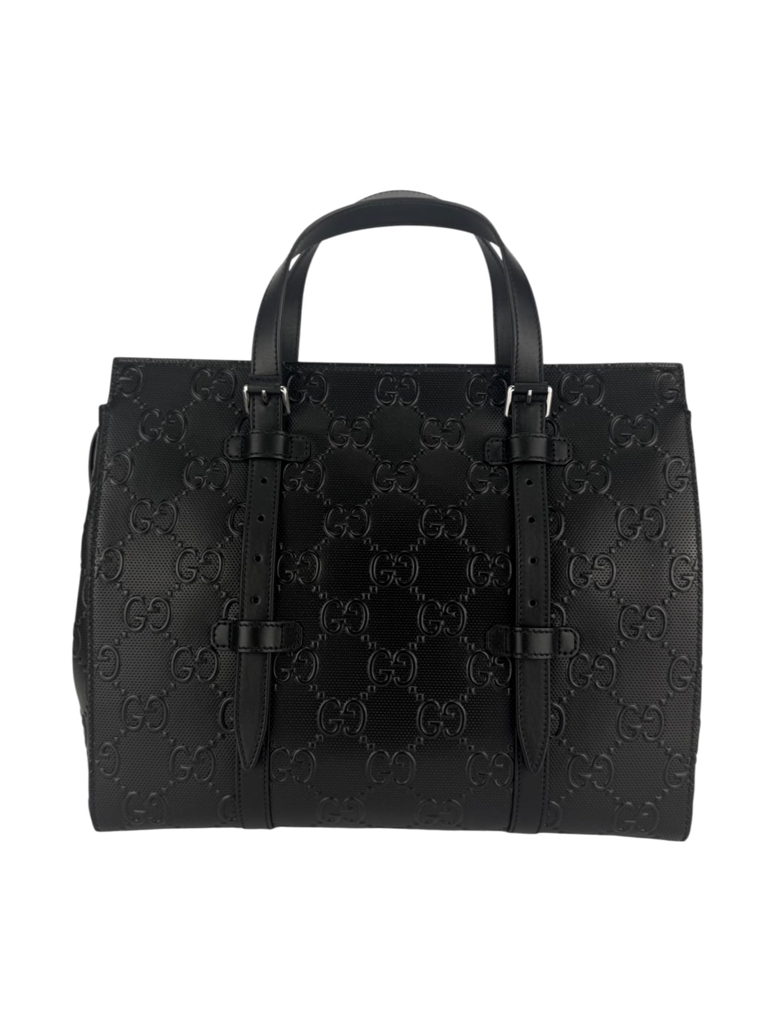 Gucci Black Leather Embossed GG Tote Bag