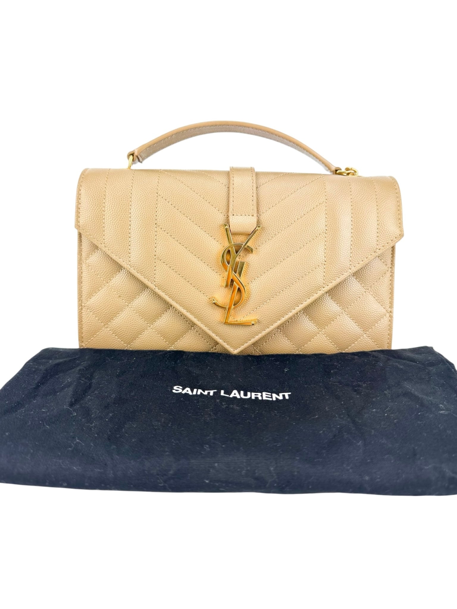 Saint Laurent Beige Taupe Grained Leather Envelop Chain Wallet Small