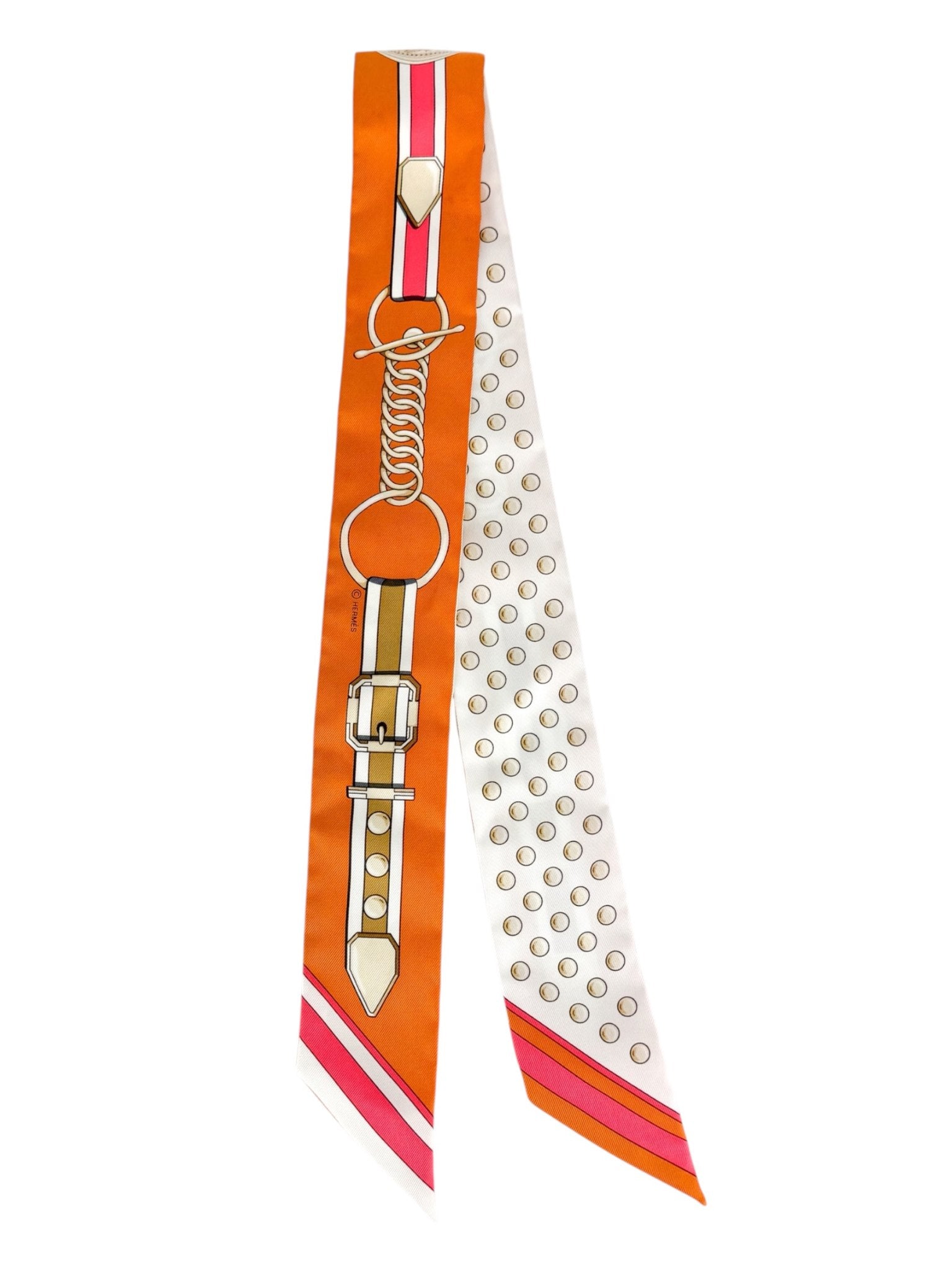 Hermes Orange, Cream, Pink and Brown Silk Twilly