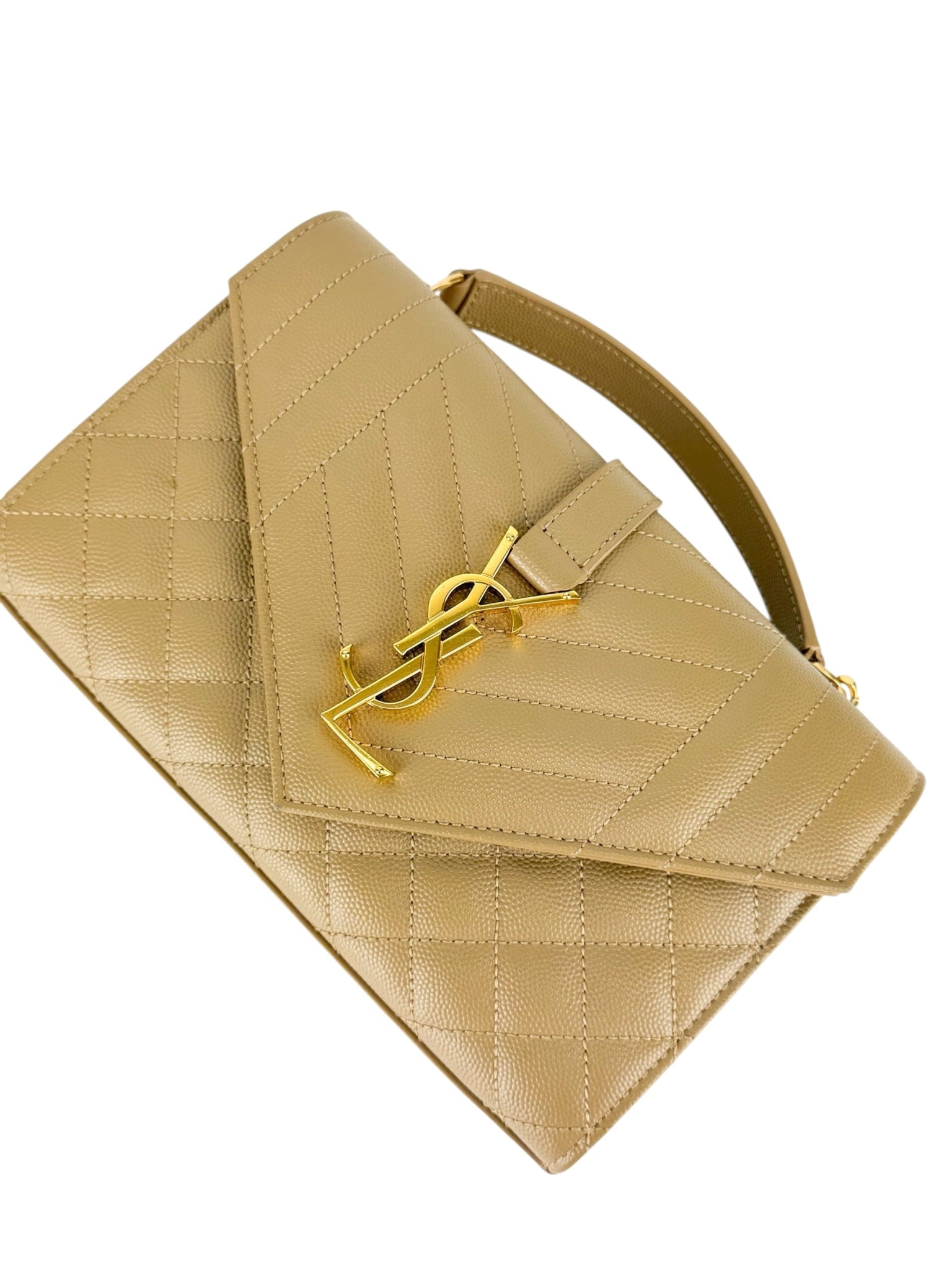 Saint Laurent Beige Taupe Grained Leather Envelop Chain Wallet Small