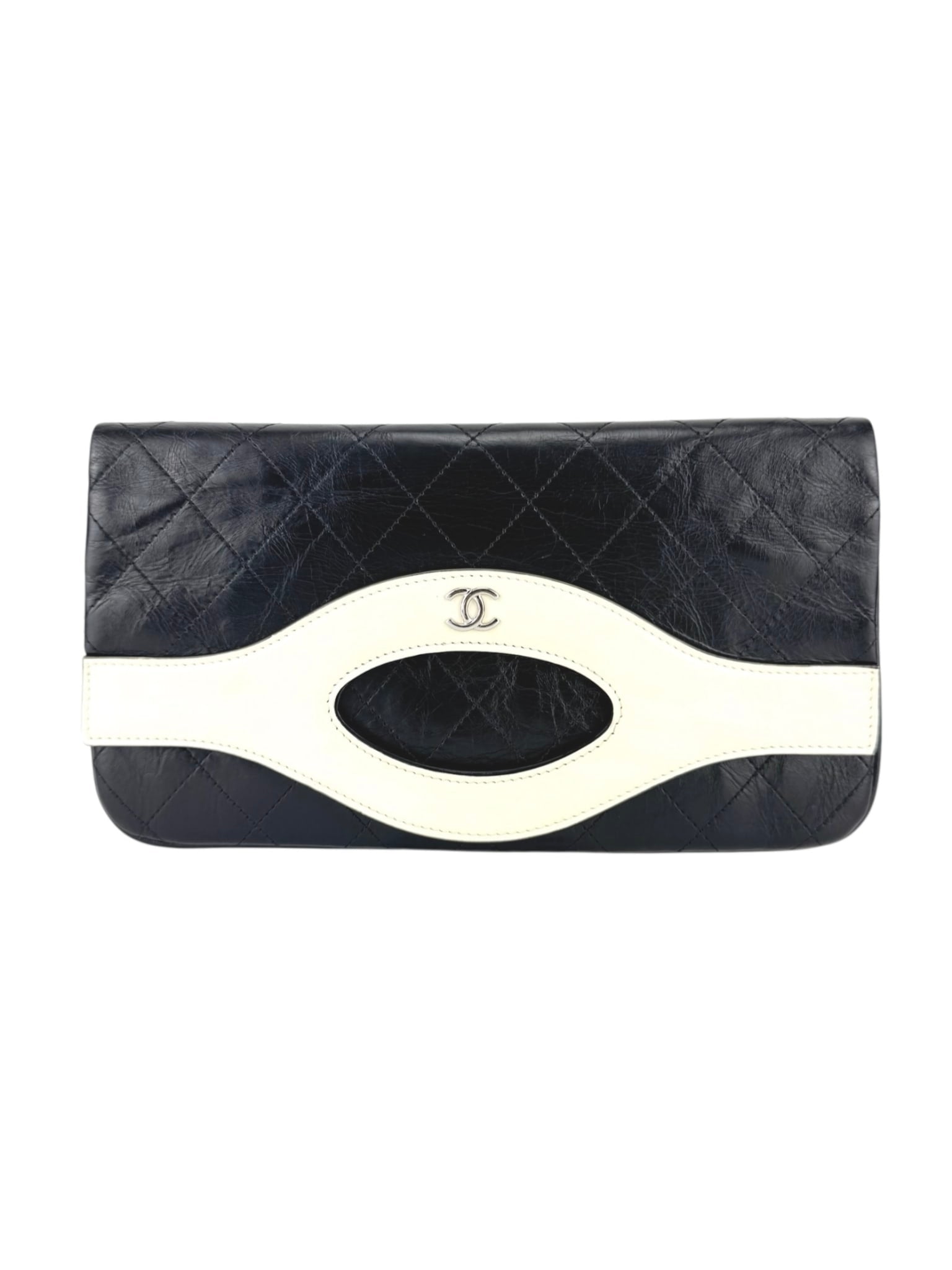 Chanel Black and Cream Calf Leather Matelasse Clutch Bag