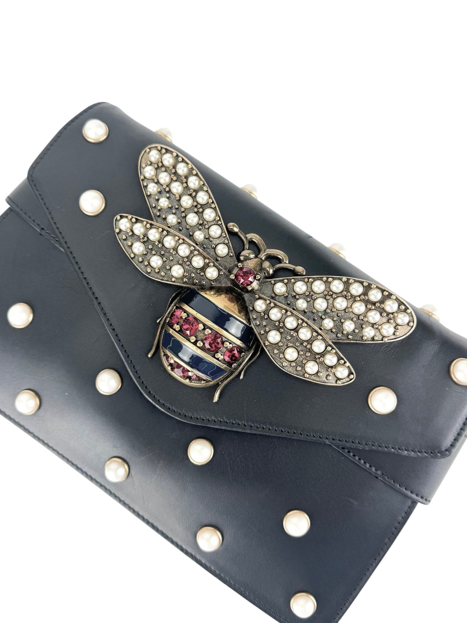 Gucci Black Leather Queen Margaret Bee Shoulder Bag